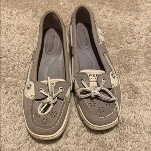 Grey Sperry top sided with flower cutout shoes